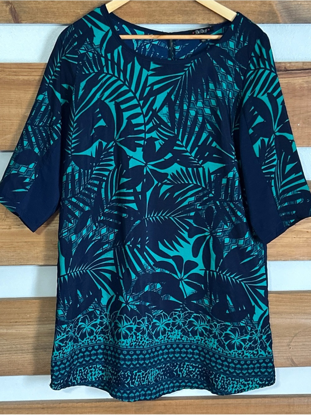 BeBop Navy w/Teal Green Floral Accent 3/4 Sleeve Chic Knee Length Dress Size L